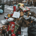 Pile of trash including Christmas decorations and opened gift boxes on a snowy sidewalk in a residential neighborhood