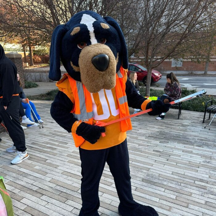 UT Athletics costumed mascot Smokey wearing an orange reflective vest holding a litter picker tool during a No Trash November event